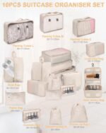 10-Piece Suitcase Organiser, Packing Cubes, Suitcase Organiser Set, Suitcase Organiser, Waterproof, Packing Cube, with Packing Bags, Clothes Bags, Cosmetic Bag, Shoe Bag, Organiser Case (Beige) - Image 3