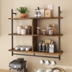 Bestier 105.5 cm 3-Tier Floating Pipe Shelf, Industrial Wall Mounted Ladder Shelf with Round Tube and Hooks, Wooden Shelf for Decoration and Storage (Brown, 105.5 cm) - Image 2