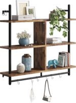Bestier 105.5 cm 3-Tier Floating Pipe Shelf, Industrial Wall Mounted Ladder Shelf with Round Tube and Hooks, Wooden Shelf for Decoration and Storage (Brown, 105.5 cm) - Image 8