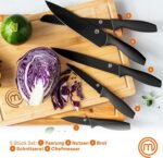 MasterChef Kitchen Knife Set Including Chef's Knife, Vegetable Knife, Paring Knife, Cutting Knife and Bread Knife, Sharp, Stainless Steel, Non-Stick Coating, Soft Touch Handles, 5-Piece Set, Black - Image 3