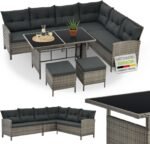 Juskys Manacor Polyrattan Lounge with Corner Sofa, Dining Table, 2 Stools & Cushions - Weatherproof up to 7 People - Washable Covers - Rattan Garden Furniture Set - Grey Mottled - Image 2